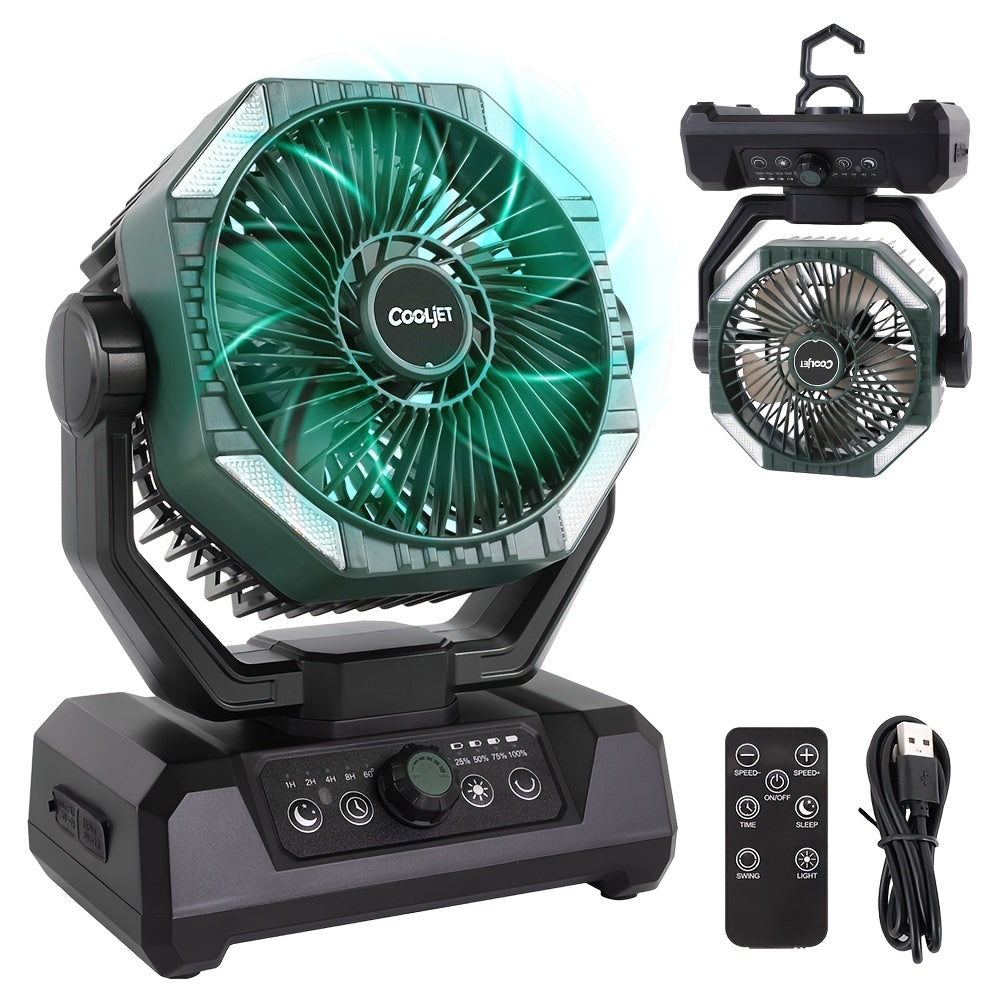 CoolJet Portable Camping Fan with Listed 20000mAh Battery, Variable Speed and 18-LED Light with Three Dimming Levels, Fern Green or Orange Airflow Options