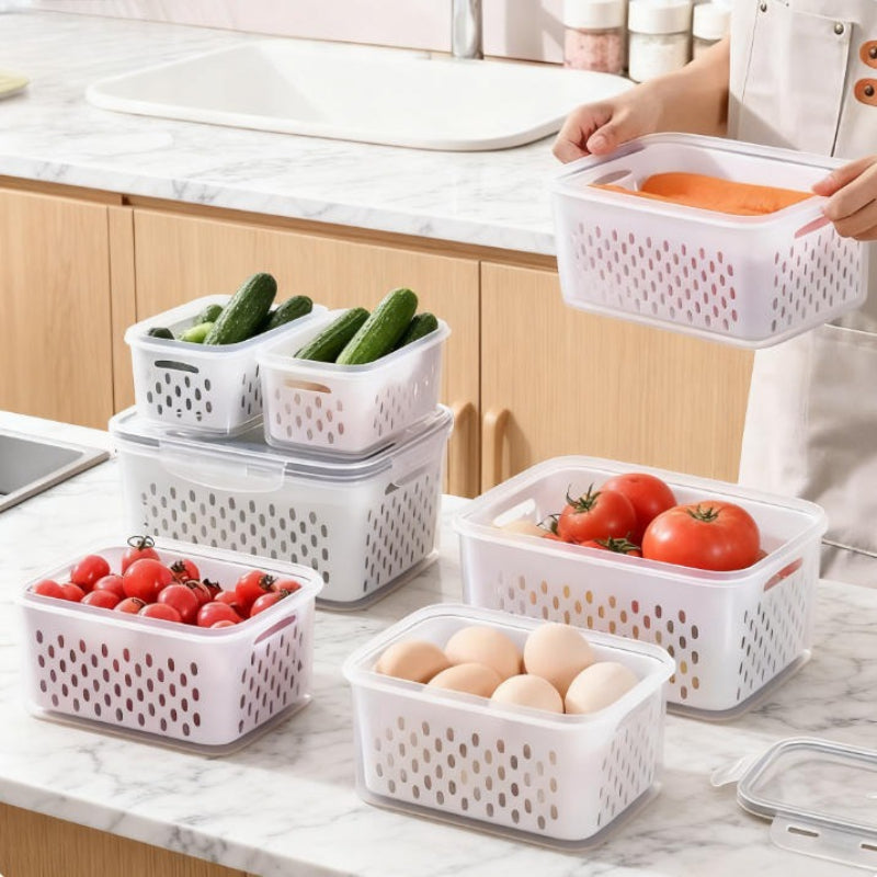 Fruit Storage Boxes with Removable Colanders, M+L Refrigerator Organizer Set in PP Plastic with Two Boxes and Two Drain Baskets, Four Pieces Total