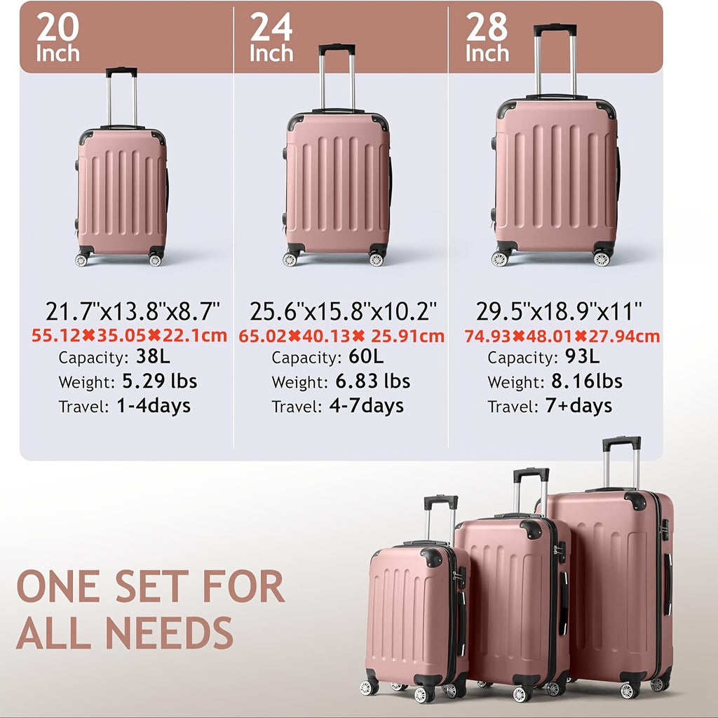 Spinner Luggage Set with ABS Hard Shell and Corner Protectors, Three 20, 24 and 28-Inch Travel Suitcases with 360-Degree Wheels in Multiple Colors