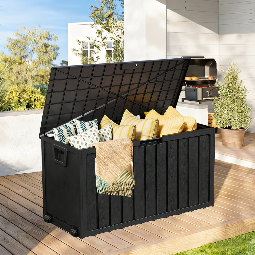 Outdoor Deck Storage Box in Black with Listed 75-Gallon Capacity, Locking Hole and Bottom Casters for Organizing Compatible Patio, Porch and Garden Essentials