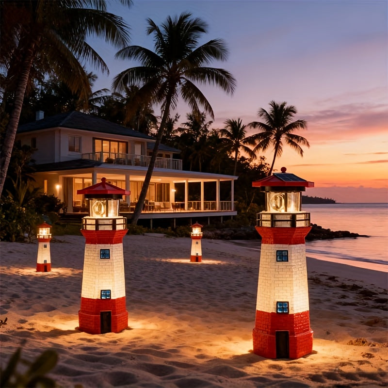 Rotating LED Solar Lighthouse with Built-In Solar Panel and Automatic Night Lighting Wording, Upgraded Model Label for Nautical Garden and Patio Decoration