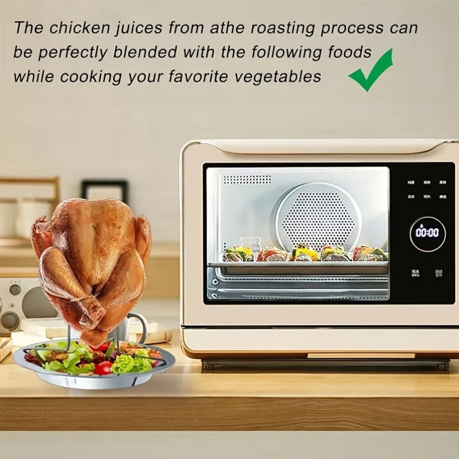 Chicken Roasting Rack with Drip Tray and Foldable Stainless Steel Design, Single Vertical Stand for Compatible Oven, Barbecue and Smoker Cooking