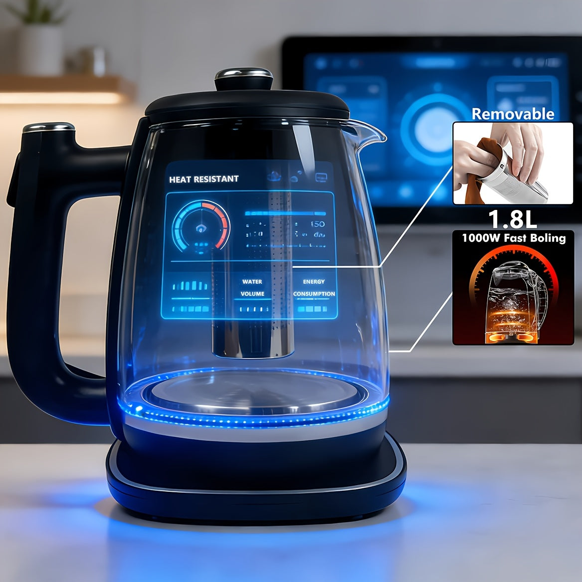Removable-Filter Electric Kettle, Black 1.8L Water Boiler with Listed 304 Stainless Steel, 360-Degree Base, Auto Shut-Off and Boil-Dry Protection for Tea and Coffee