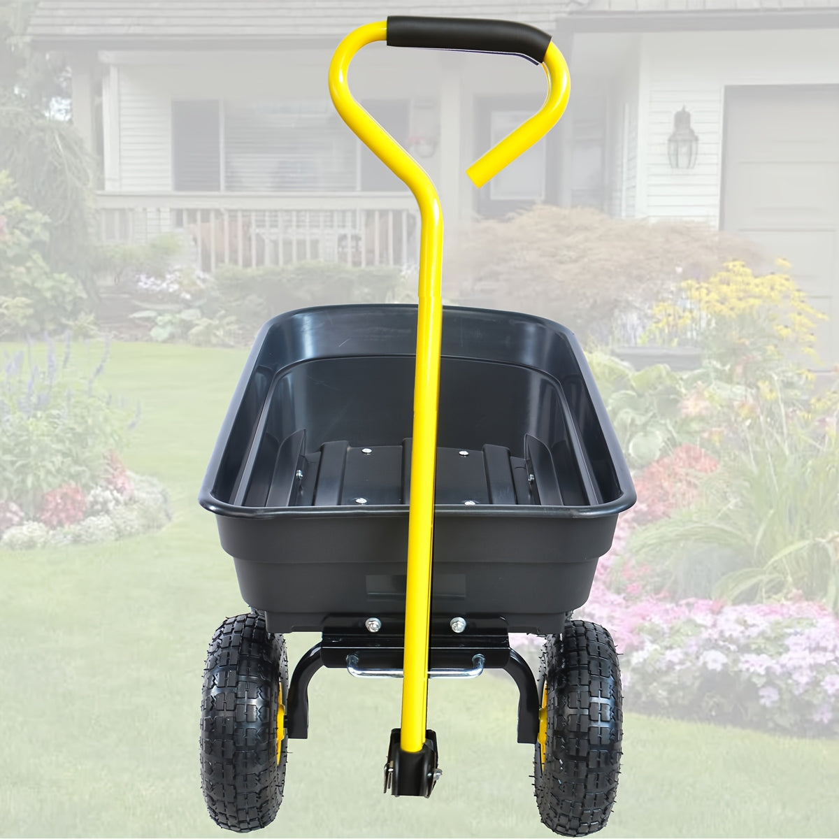 Poly Garden Dump Cart with Steel Frame, Listed 10-Inch Pneumatic Tires and 180-Degree Swivel Handle, Black or Green Option Labels for Lawn and Yard Supply Transport