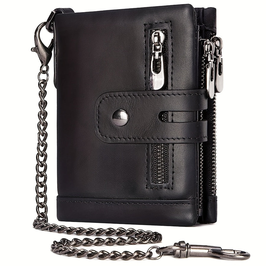 Mens Chain Wallet in Black with Short Wallet Format, Listed Card Clip and Double Zipper Change Storage for Everyday Card Organization and Gift Shopping