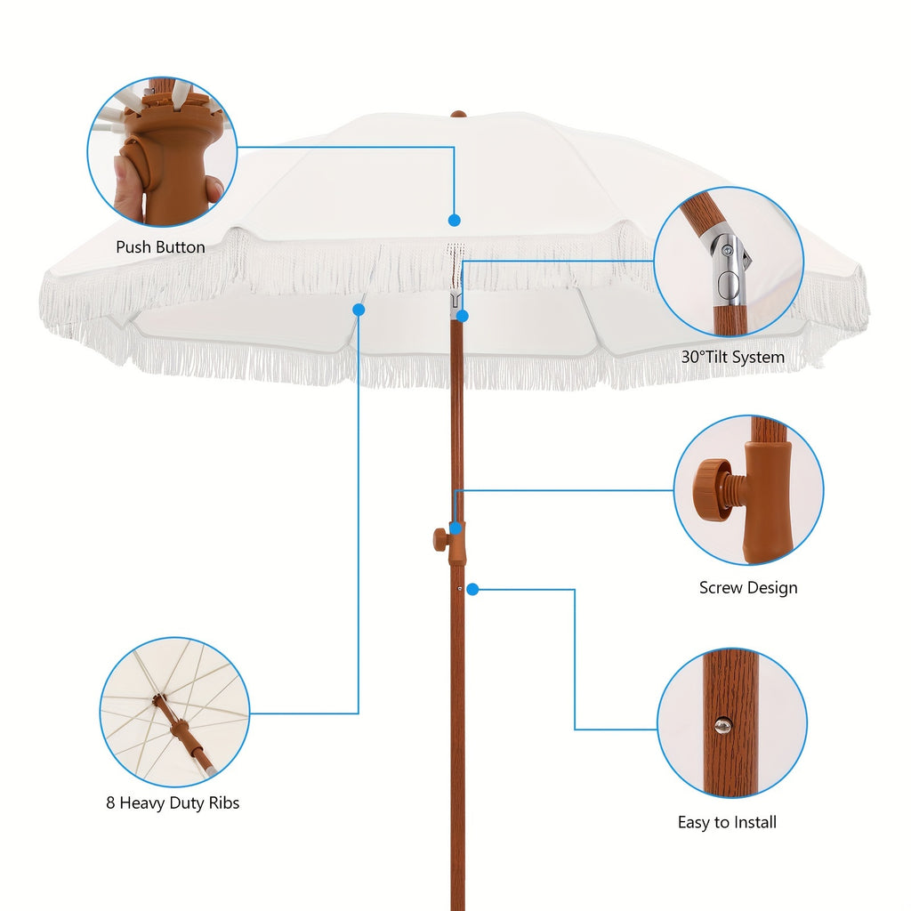 Eight-Rib Patio Umbrella with Push-Button Tilt Adjustment for Outdoor Garden and Courtyard Seating, Beige, Blue Pinstripe and White Style Selections