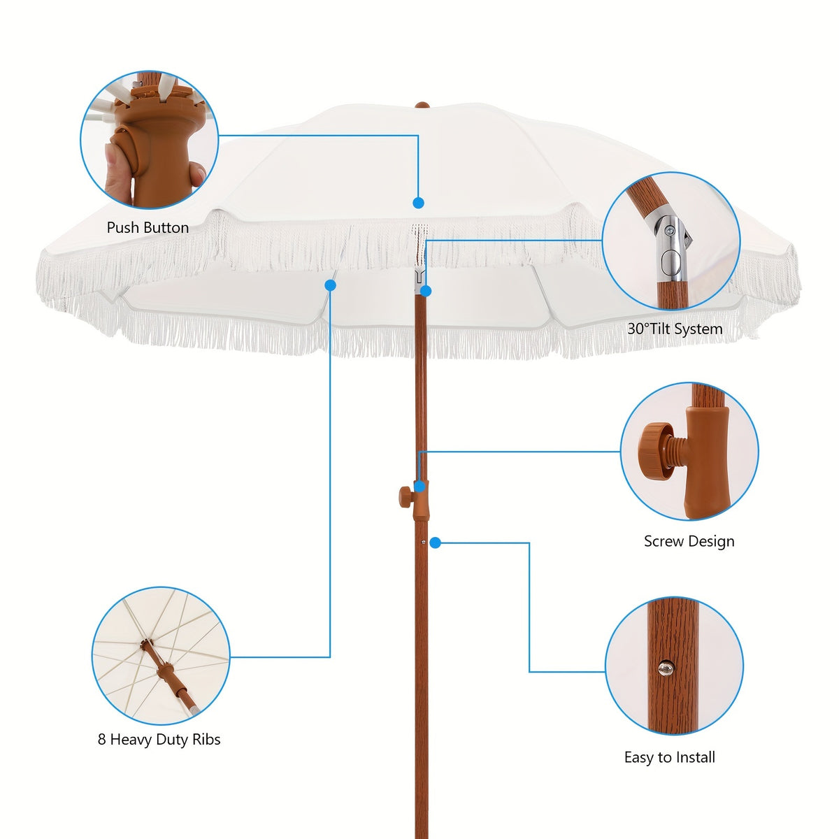 Eight-Rib Patio Umbrella with Push-Button Tilt Adjustment for Outdoor Garden and Courtyard Seating, Beige, Blue Pinstripe and White Style Selections