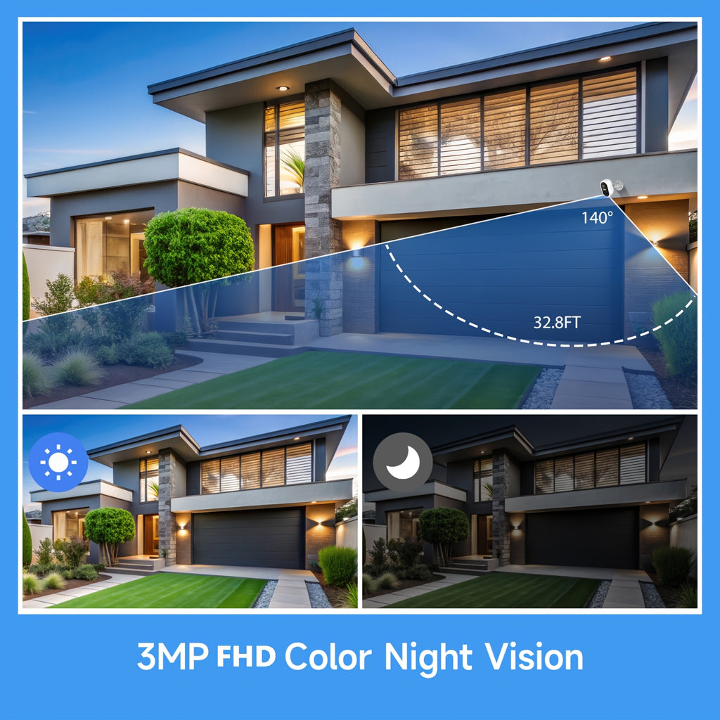 Battery Powered Outdoor Security Camera, 3MP 1296P Video with 2.4GHz WiFi, Human Motion Detection, Color Night Vision and Optional Solar Configurations