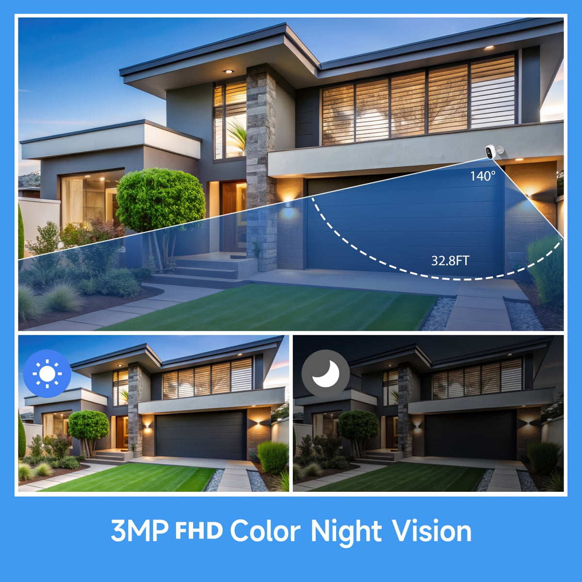Battery Powered Outdoor Security Camera, 3MP 1296P Video with 2.4GHz WiFi, Human Motion Detection, Color Night Vision and Optional Solar Configurations