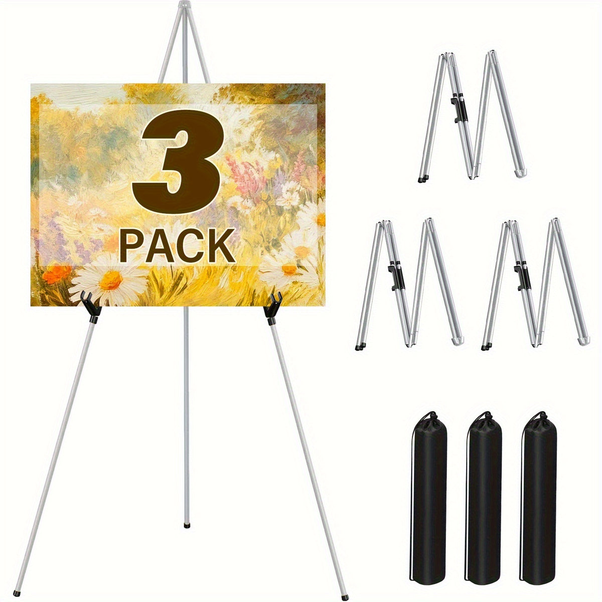 Display Easel Stand for Wedding Signs, Posters and Presentations, Folding Metal Tripod with 63-Inch Maximum Height, Adjustable Clips and Multi-Pack Options