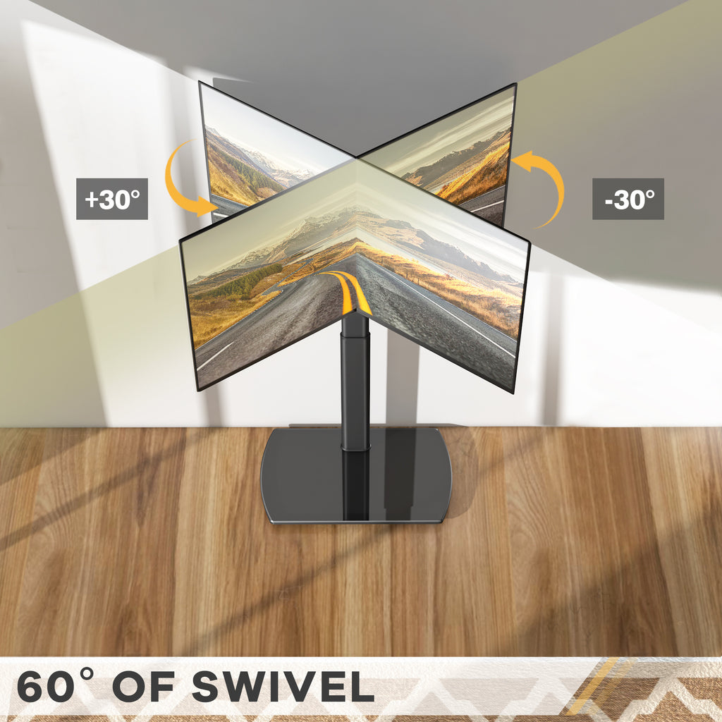 Swivel TV Floor Stand with Adjustable Height and Tempered Glass Base, Cable Management and Black or White Options for Compatible 32–65 Inch Television Setups