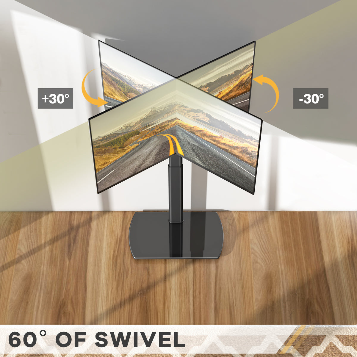 Swivel TV Floor Stand with Adjustable Height and Tempered Glass Base, Cable Management and Black or White Options for Compatible 32–65 Inch Television Setups