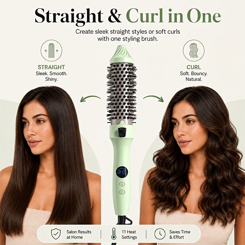 Non-Rotating Heated Hair Brush for Straightening, Curling and Inward-Turned Ends, 3-in-1 Round Barrel Styling Comb with No Airflow in Purple, Green or Pink