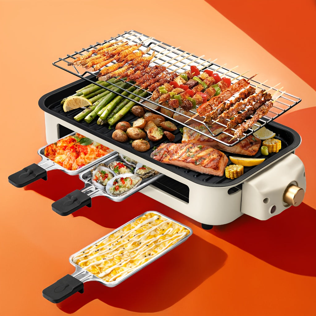 Indoor Raclette Electric Grill, 1500W with 16 x 9 Inch Removable Nonstick Plate and 3 Cheese Pans, Adjustable Temperature for Home Tabletop Cooking