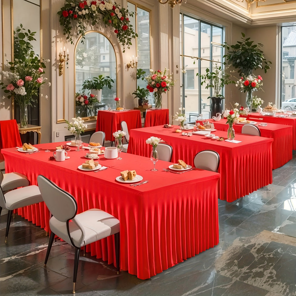 Elastic Polyester Table Cover with Wave Fold Skirt Styling, 4ft or 6ft Table Size Labels in Five Colors for Wedding Buffets, Birthday Parties and Banquet Displays