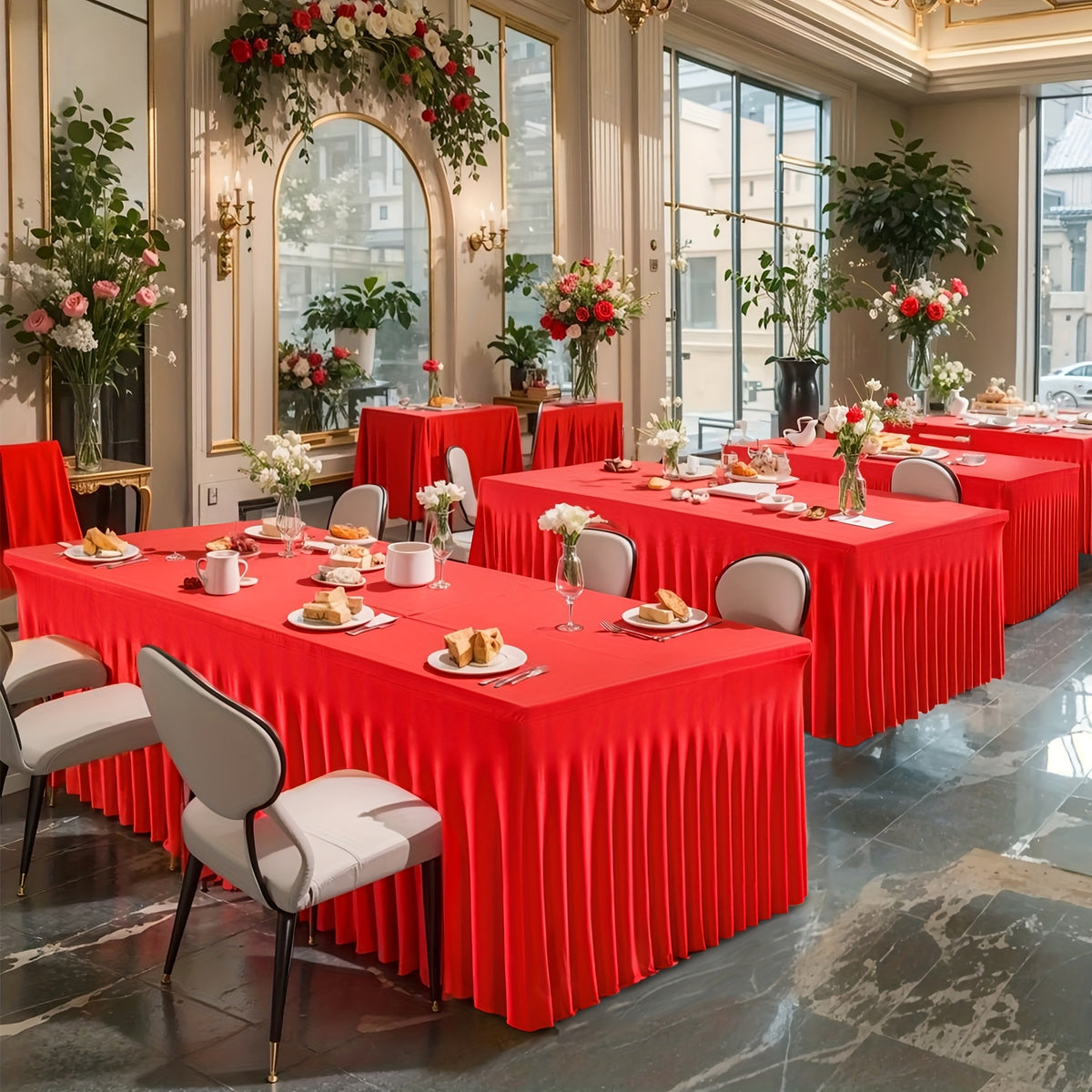 Elastic Polyester Table Cover with Wave Fold Skirt Styling, 4ft or 6ft Table Size Labels in Five Colors for Wedding Buffets, Birthday Parties and Banquet Displays