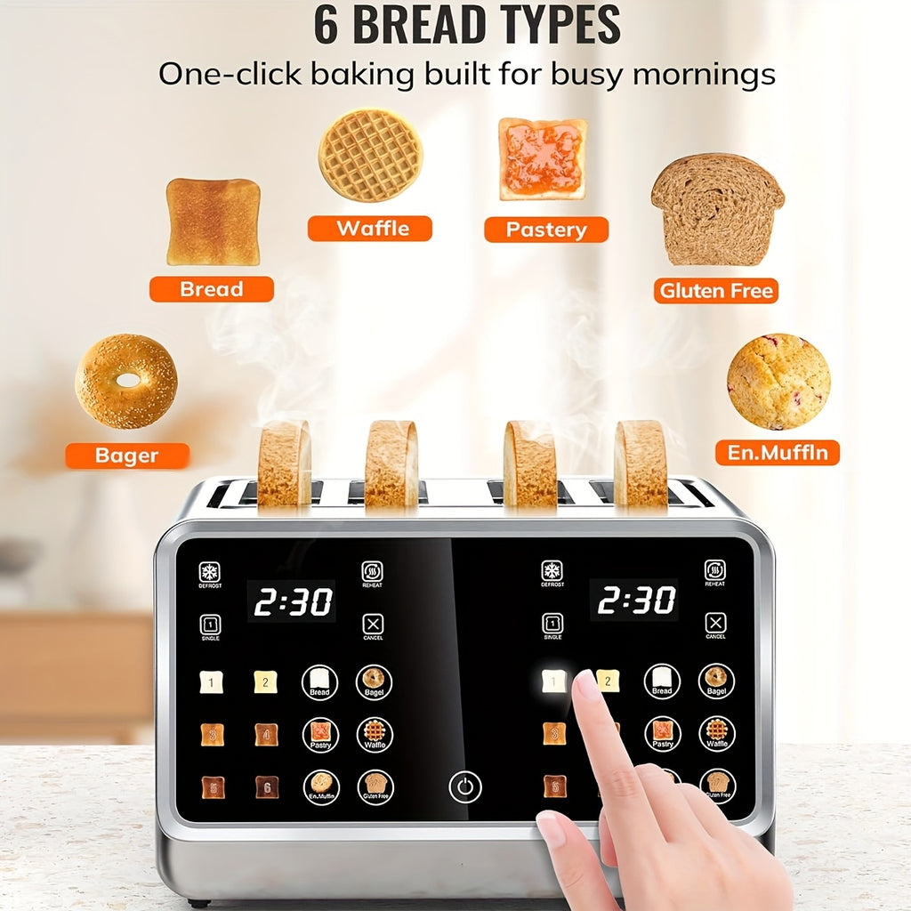 Four-Slice Digital Toaster with Listed Touchscreen, Dual Control Panels, Timer and Single-Slot Toasting, Stainless Steel Option for Bread, Bagels and Waffles