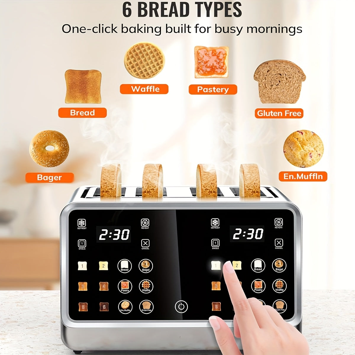 Four-Slice Digital Toaster with Listed Touchscreen, Dual Control Panels, Timer and Single-Slot Toasting, Stainless Steel Option for Bread, Bagels and Waffles