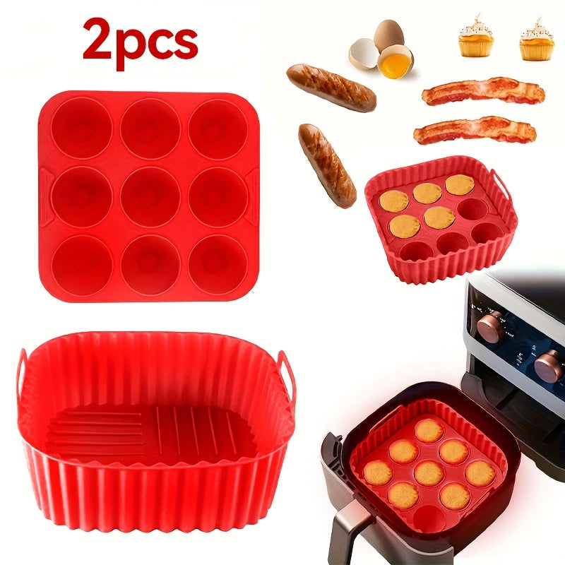 Silicone Air Fryer Baking Tray Set of Two with Listed Nonstick Liner and Muffin Mold Wording, Reusable Kitchen Accessories in Five Colors for Compatible Appliances