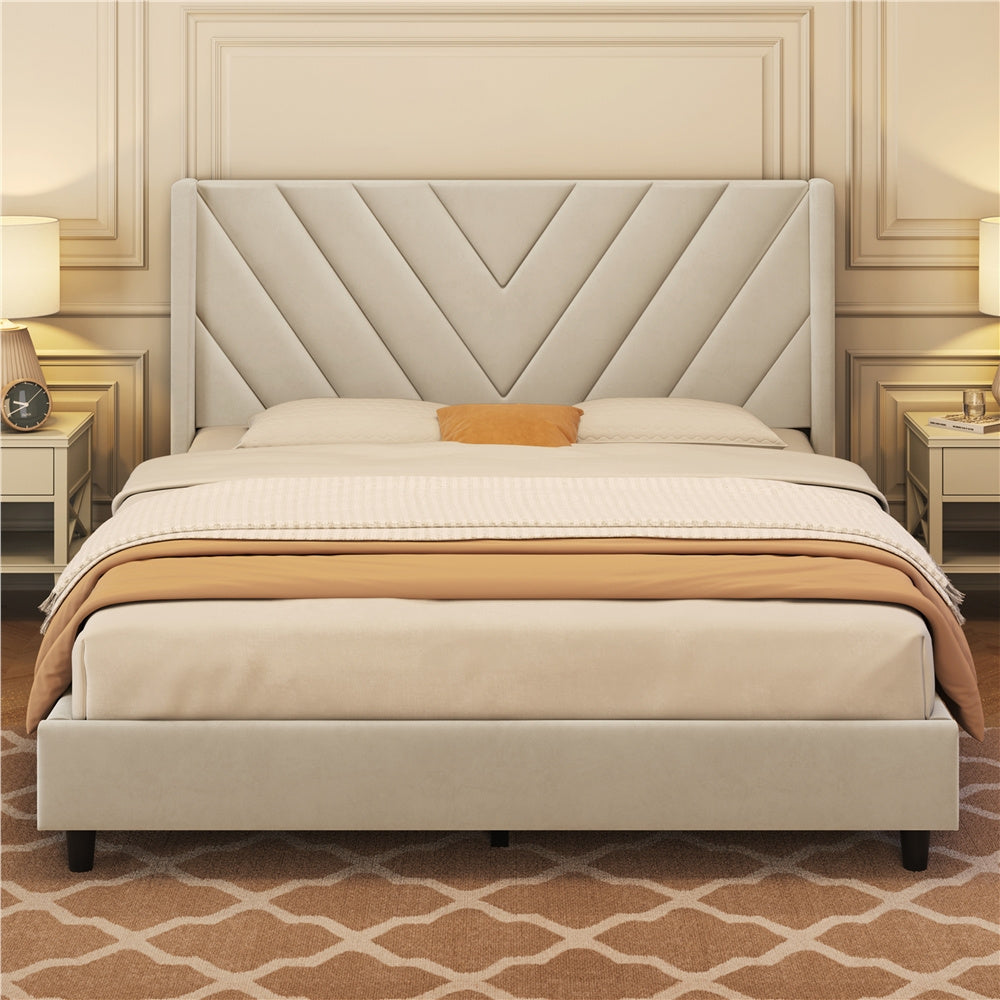 Velvet Platform Bed Frame by Costoffs with Wingback Headboard and Geometric Stitching, Wooden Slat Support, No Box Spring Needed, Twin to King Options
