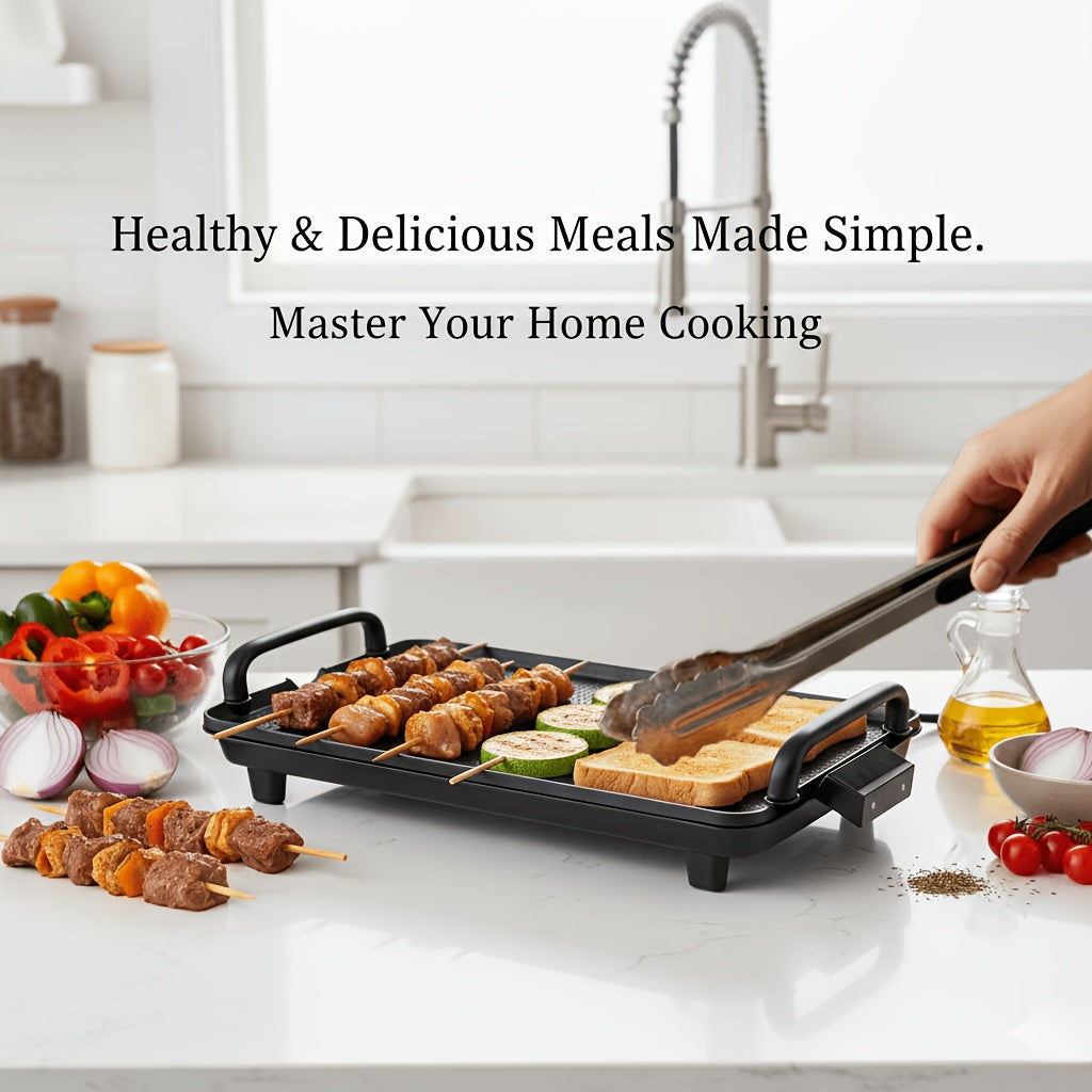 Non-Stick Electric Grill and Griddle Indoor, Adjustable Temperature Control BBQ Plate for Steaks, Skewers and Seafood with Drip Tray for Easy Cleanup, Portable Electric BBQ Grill for Camping, Family Gatherings and Outdoor Trips, Great Gift Idea