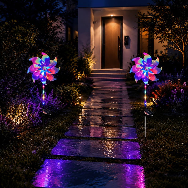 Solar Windmill Garden Lights 2-Pack with Color-Changing and 360-Degree Rotating Design, Colorful Purple or Blue Style Options for Patio and Path Displays