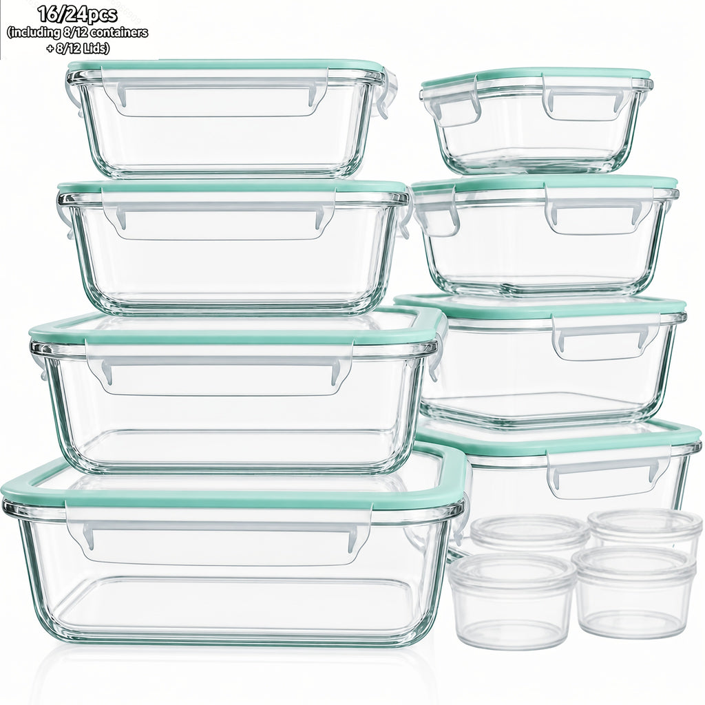 Green Glass Food Storage Containers with Locking Lids and Removable Silicone Seals, 16-Piece or 24-Piece Sets for Meal Prep, Lunches and Leftovers