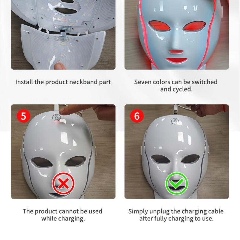 Seven-Color Facial Mask Device with USB Charging, White Face and Neck Beauty Care Instrument for At-Home Skincare Routines and Thoughtful Gifts