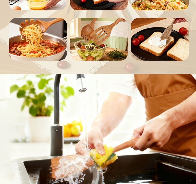 Wooden Cooking Utensils Set, 10-Piece Teak Kitchen Spoon and Spatula Tool Options for Everyday Stirring, Mixing and Meal Preparation in Home Kitchens