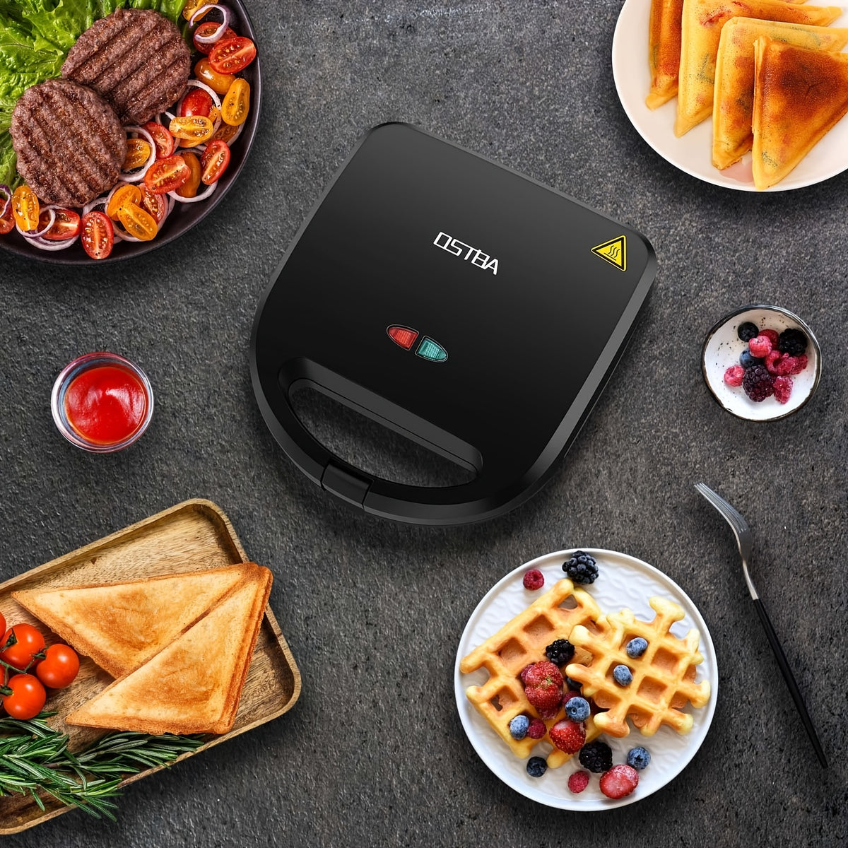Interchangeable Plate Sandwich Maker by OSTBA, Black 750W 3-in-1 Panini Press and Waffle Iron with Three Removable Nonstick Plate Sets for Home Breakfasts