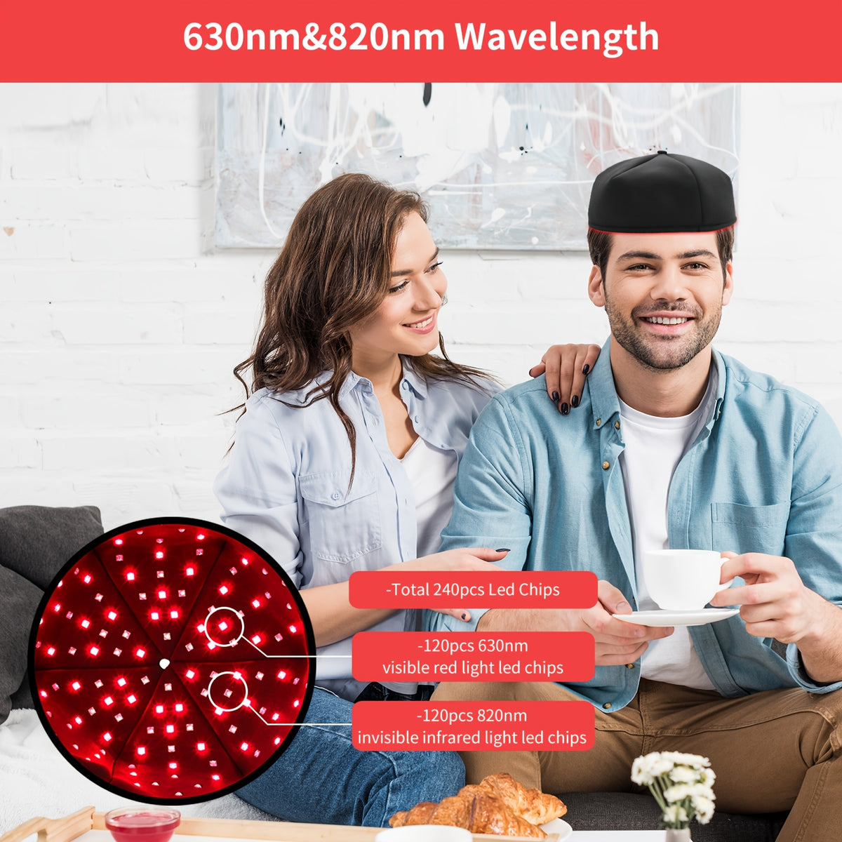 Red Light Therapy Cap with 120 LEDs, 660nm Red and 830nm Near-Infrared Light, Black or Gray Wearable Scalp Care Device for Adult Home Routines