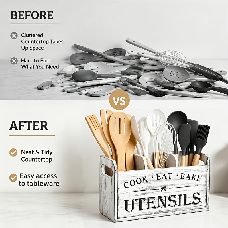 Wooden Utensil Organizer by LDQ with Rustic Styling, Grey White Selection and Grey White or Black Four-Compartment Options for Cooking and Baking Tool Storage