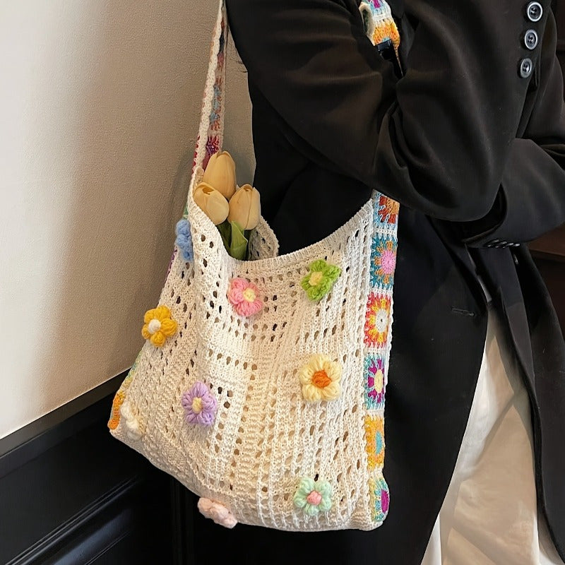 Boho Messenger Bag for Women with Hollow Flower Details and Contrast Fabric, Vintage-Inspired Casual Purse with Button Accents, No Closure and Seven Option Labels