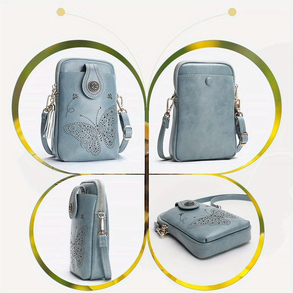Butterfly Crossbody Phone Purse for Women with Shiny Pattern, Tassel, Adjustable Shoulder Strap and Zipper Closure in Five Colors for Everyday Outings