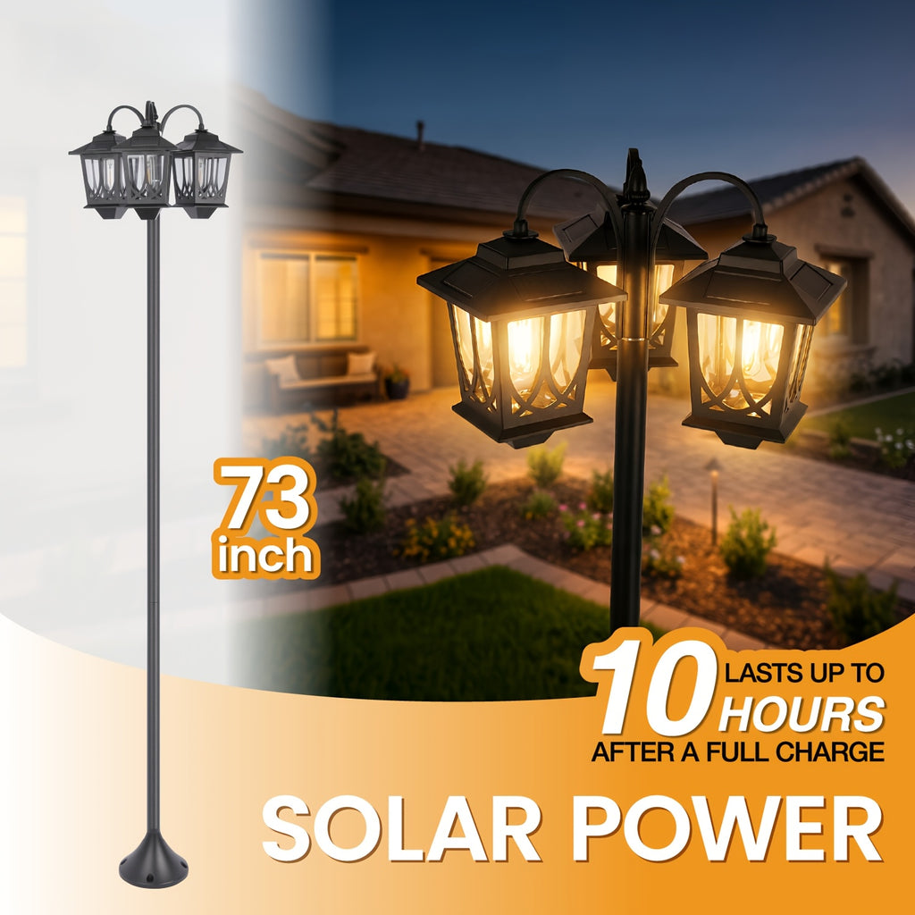 Three-Head Solar Lamp Post with Listed 73-Inch Section-Adjustable Design and 3000K Warm White Light, Black, Two-Pack or Upgraded Flower Pot Model Labels