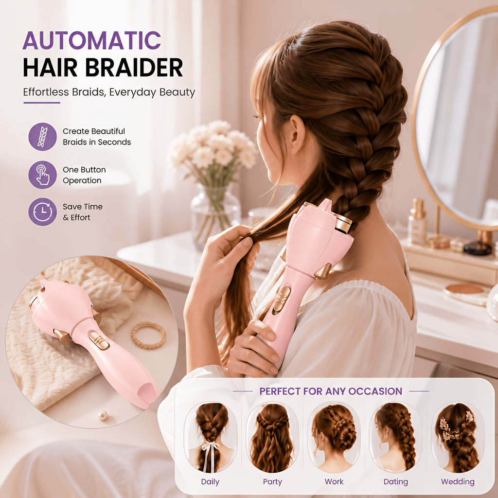 Automatic Hair Twister in Pink, Cordless Electric One-Button Styling Tool for Long Hair, Everyday Looks, Travel, Parties and Weddings, Battery Not Included