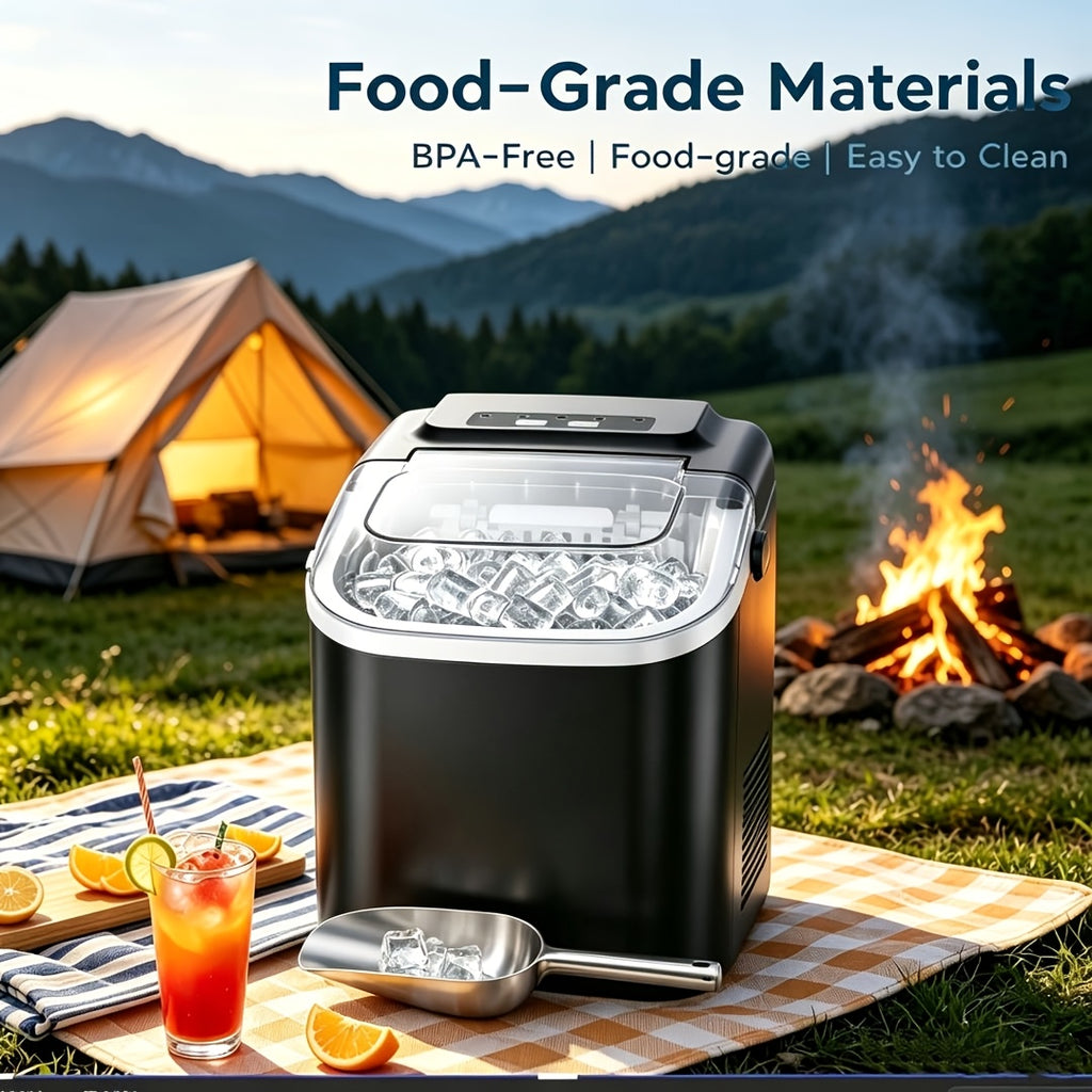 Carry-Handle Countertop Ice Maker with Bullet or Nugget Ice Option Labels, Self-Cleaning Wording, Basket and Scoop for Kitchen and Office Drink Preparation