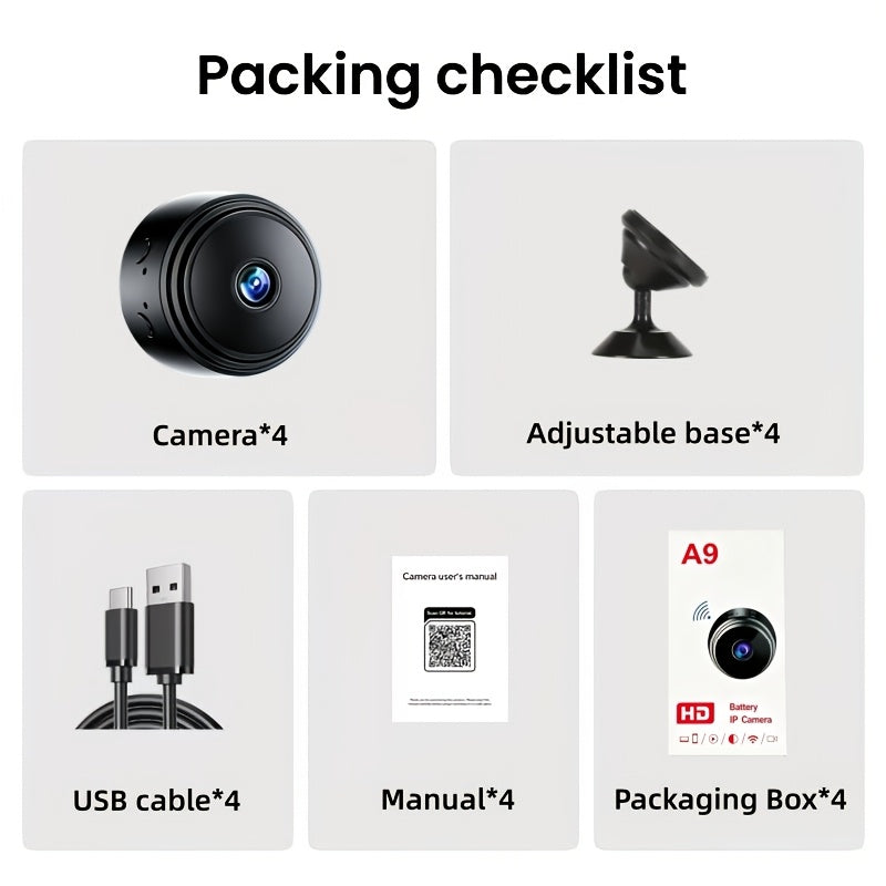 Mini WiFi Security Camera 4-Pack with Magnetic Mount, 2.4GHz Indoor Cameras with Night Vision, Motion Detection, App Remote Viewing and SD Recording Support
