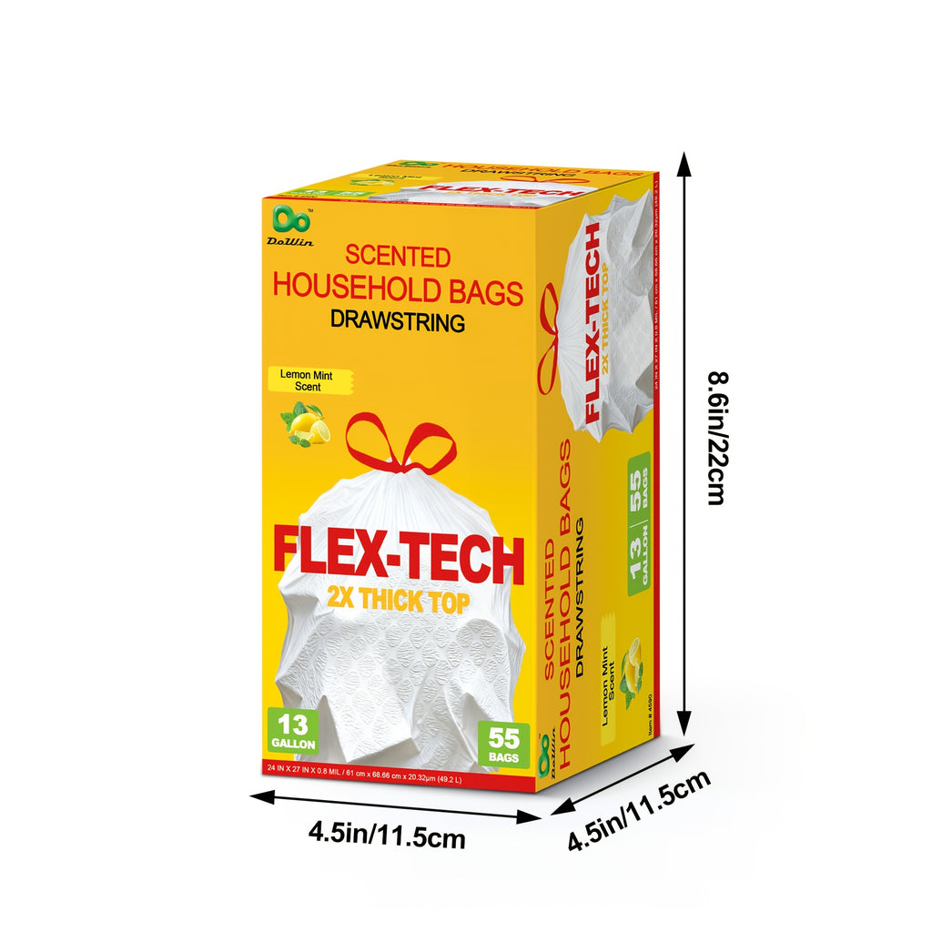 Lemon Scented Drawstring Trash Bags 13 Gallon, White Disposable Kitchen Bin Liners with Boxed Packaging Reference and 20, 55, 110 or 165 Quantity Labels