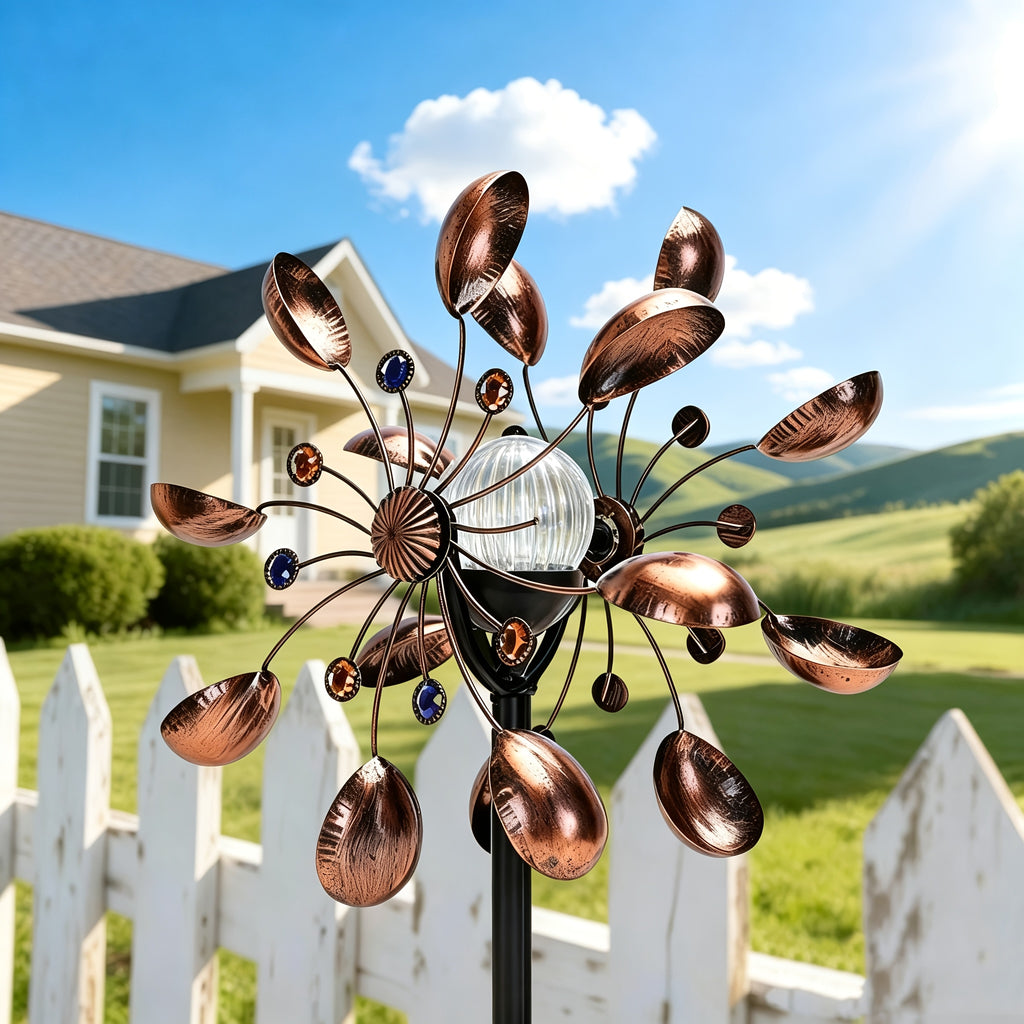 Garden Wind Spinner with Solar Multicolor LED Light, Metal Pinwheel Yard Decor with Listed 72-Inch Size and Red, Bronze, Blue or Butterfly Design Options