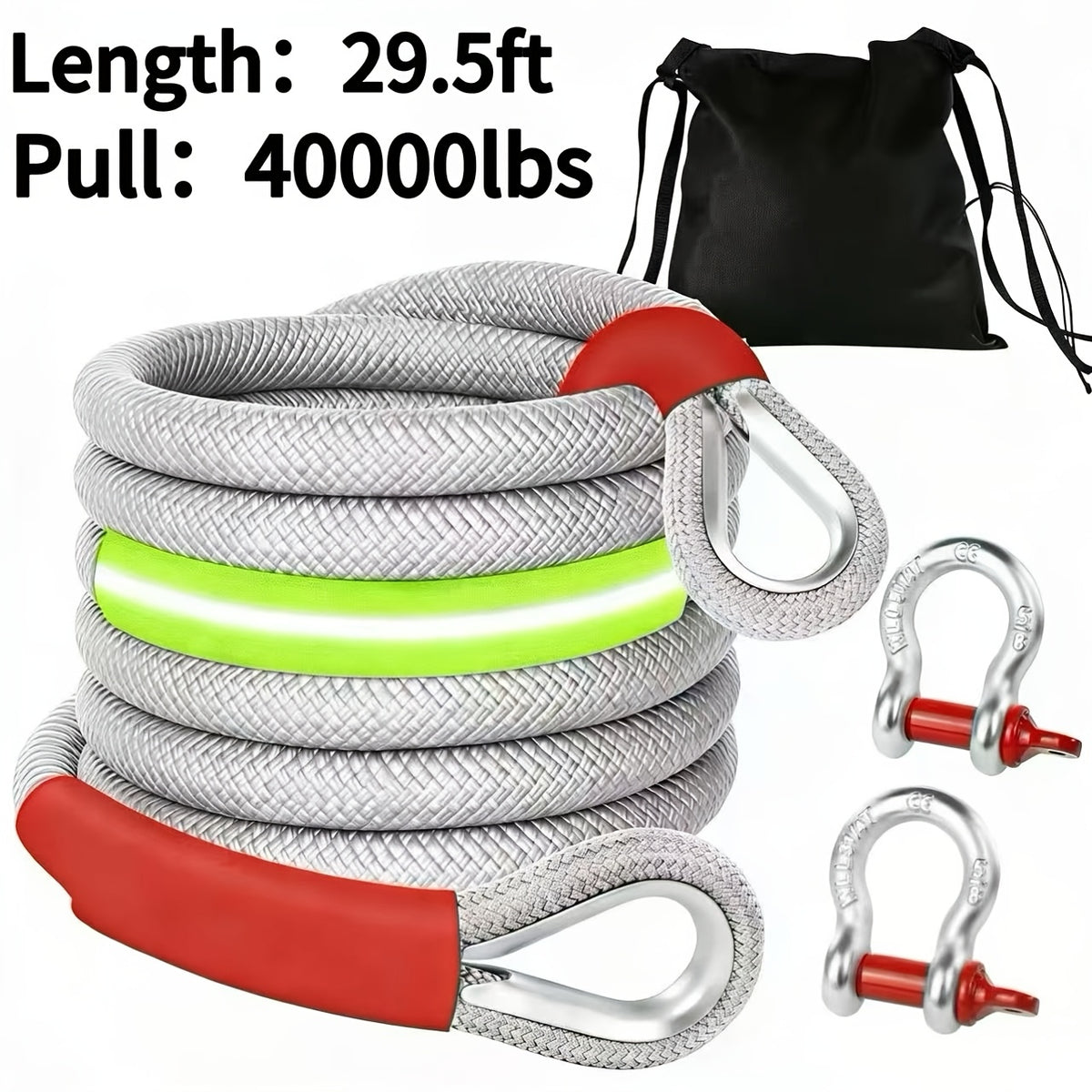 Polyester Recovery Tow Strap in Multiple Length Options, Static Vehicle Strap with Listed D-Ring Shackles, Reflective Flag and Storage Bag Accessories