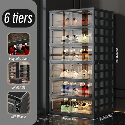 Foldable Shoe Cabinet with Clear Magnetic Doors, Tool-Free One-Piece Design and Listed 3, 6 or 9-Tier Options for Entryway and Hallway Storage