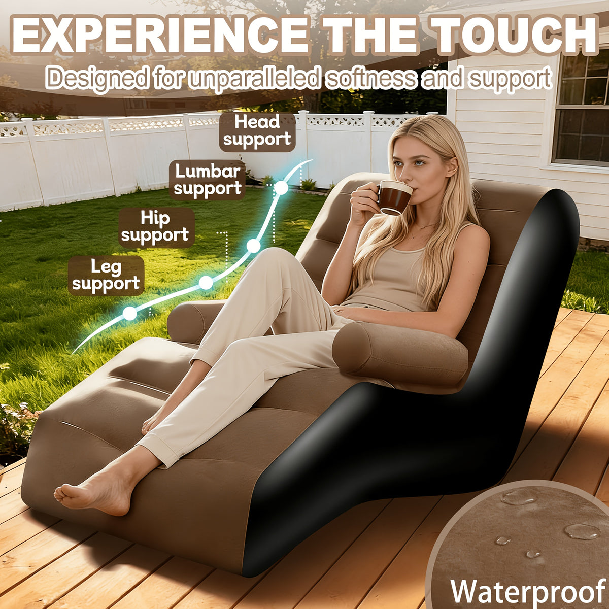 Inflatable Couch for Adults in Coffee Brown with Armrest and Listed Flocked Surface, Portable Air Sofa for Movie Night Seating and Camping Lounge Setups