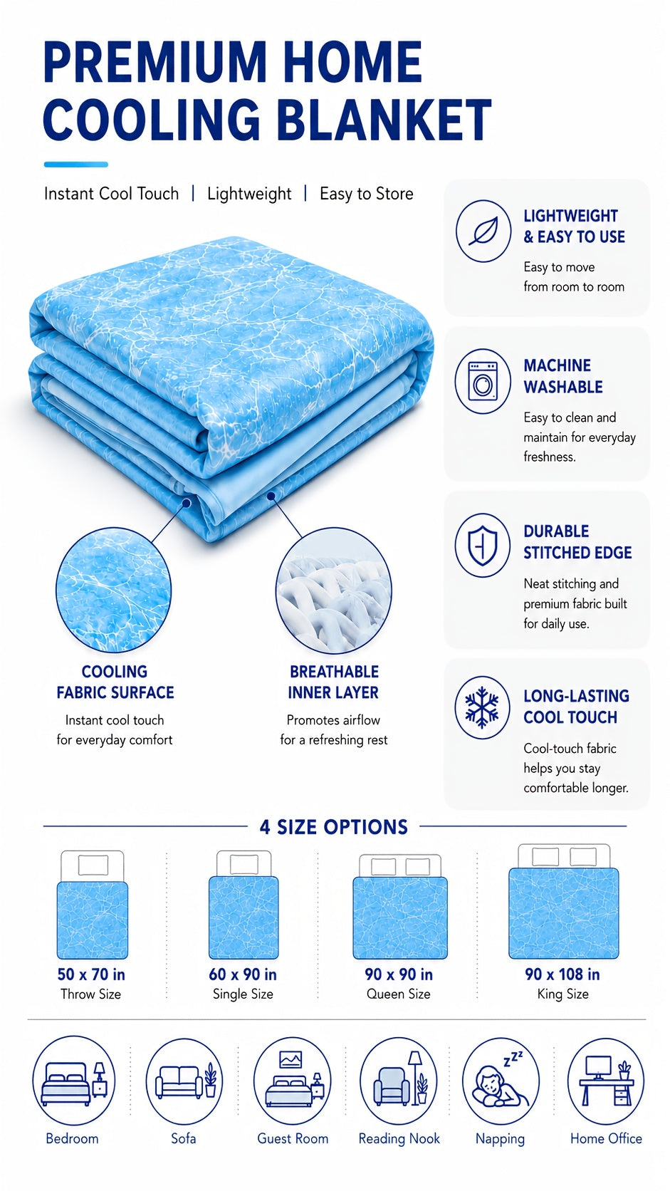 Cool-Touch Summer Blanket for Hot Sleepers, Lightweight Breathable Machine Washable Bed and Sofa Layer in Throw, Twin, Queen or King Sizes