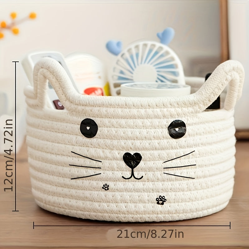 Cat Face Woven Cotton Storage Basket, Single Desktop and Shelf Organizer in Six Color Options for Bedroom, College Dorm and Office Everyday Essentials