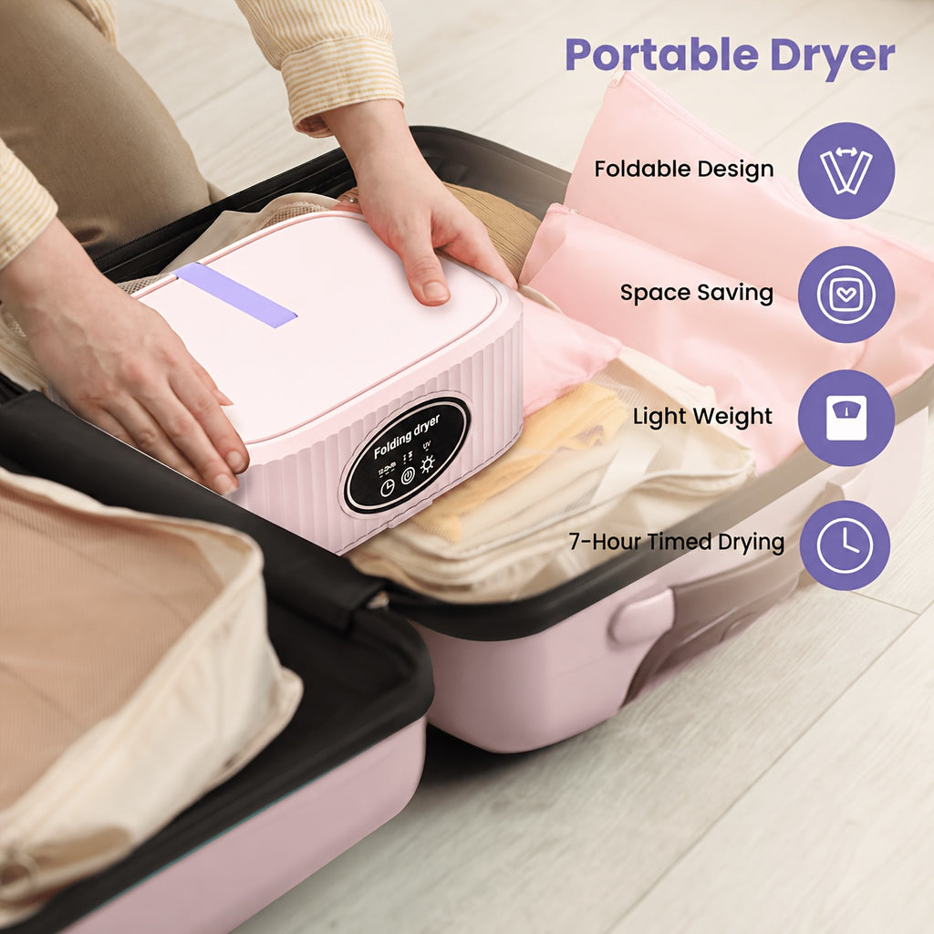 Foldable Portable Clothes Dryer with Timer and Listed Built-In LED UV Feature, Compact Laundry Care Machine in Pink, Khaki or Purple for Apartment, Travel and RV Use