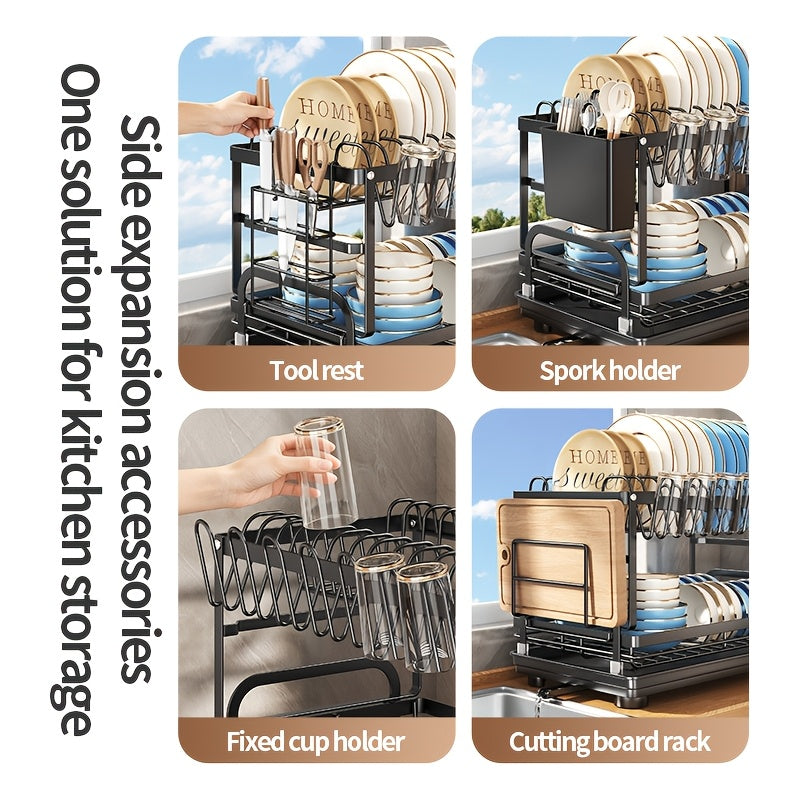Metal Countertop Dish Rack for Kitchen Tableware Organization, Two-Tier Painted Rack Design with Utensil Holder Reference and Black, Dark Grey or Base Options