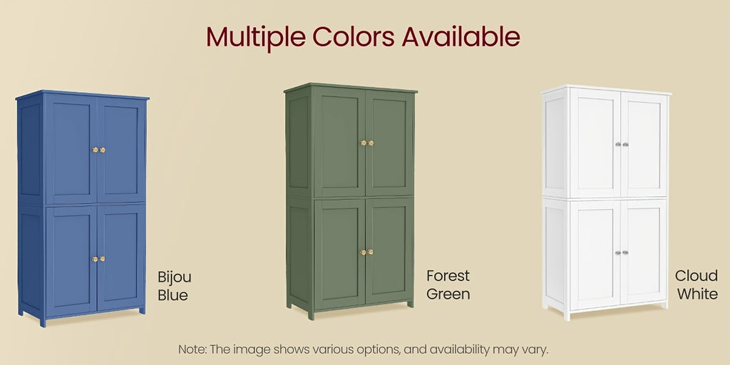 Shaker Style Floor Storage Cabinet with Four Doors, Two Cupboards and Two Adjustable Shelves, Green, White or Blue Freestanding Organizer for Home Essentials