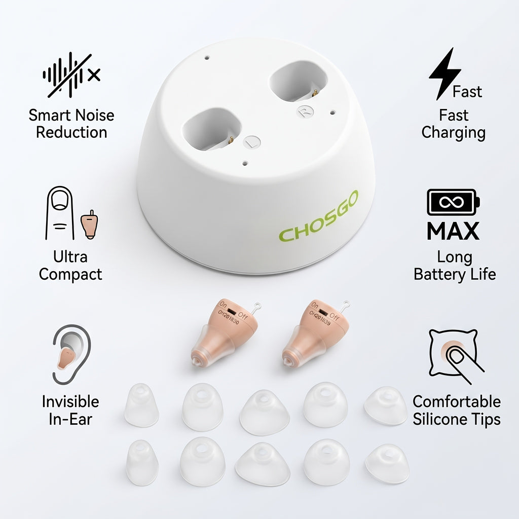 CIC Rechargeable Hearing Aids, Listed One-Pair In-Ear Devices with Adjustable Volume and Noise Reduction in Beige, RedBlue or Black Color Options for Adults