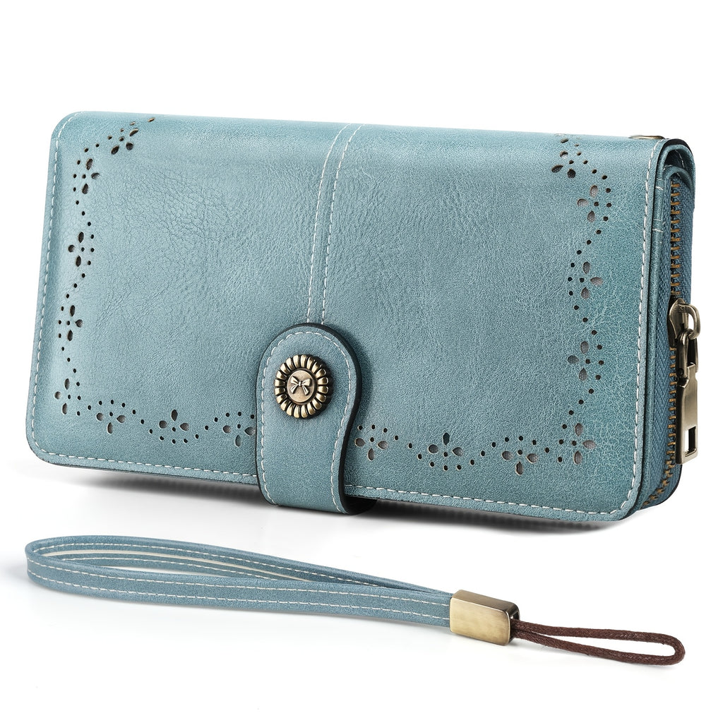 Bowknot Badge Long Wallet for Women with Wrist Strap and Zipper Closure, Retro Solid-Color Wristlet Purse in Seven Shades for Everyday and Travel Organization